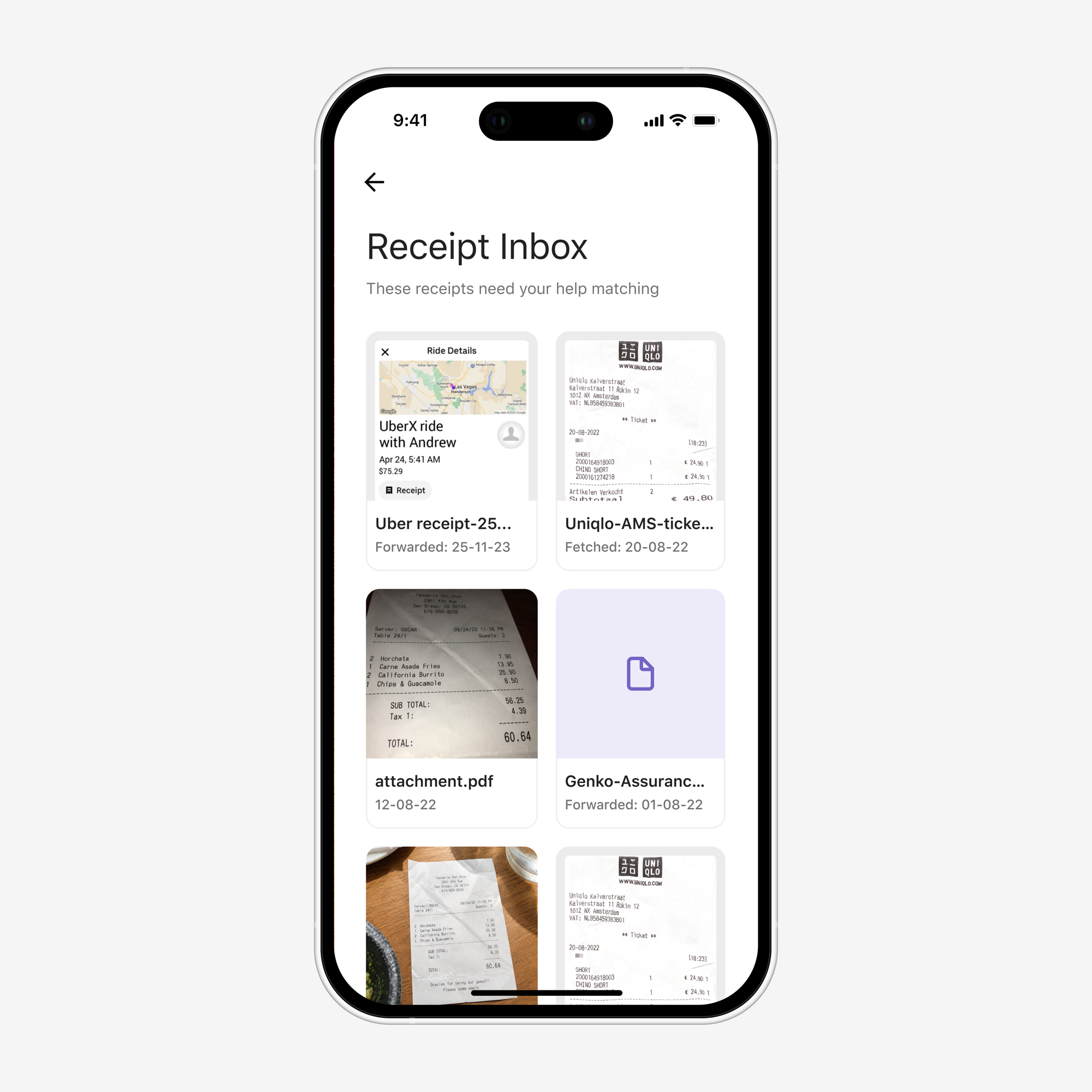 Receipt Inbox screen for reviewing an uncertain receipt match.